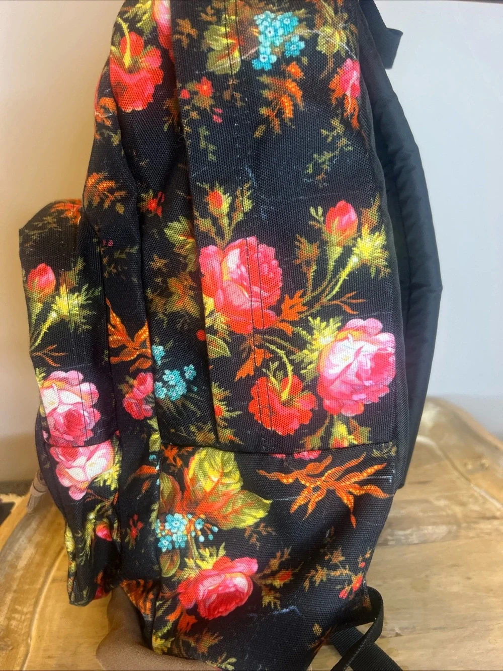 Jansport Black Floral Backpack with Pink and Orange Blooms